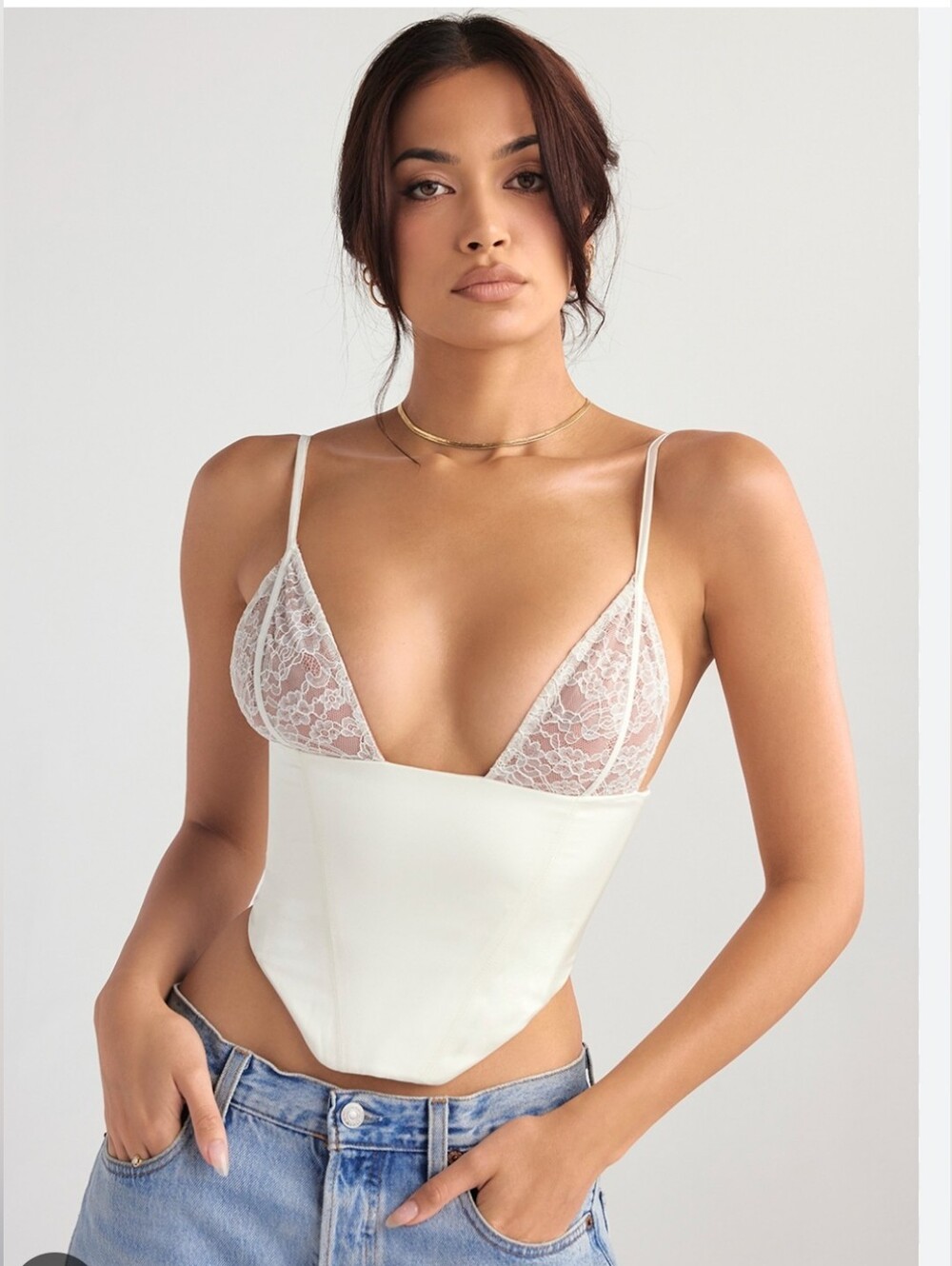 House of CB Emilee ivory satin and lace corset.